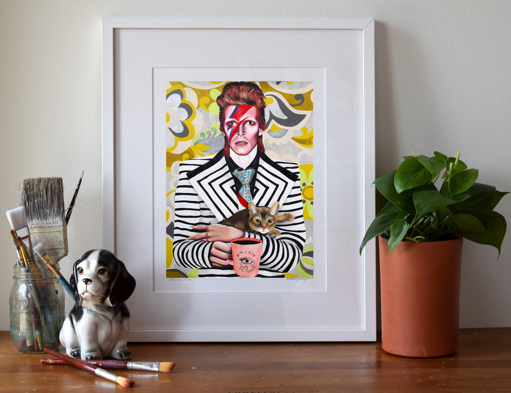 David Bowie with cat and Kin-Kin Coffee Print