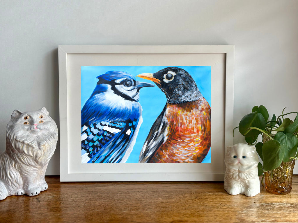 Whimsical Blue Jay & Robin Art Print – Bird Lover Wall Decor