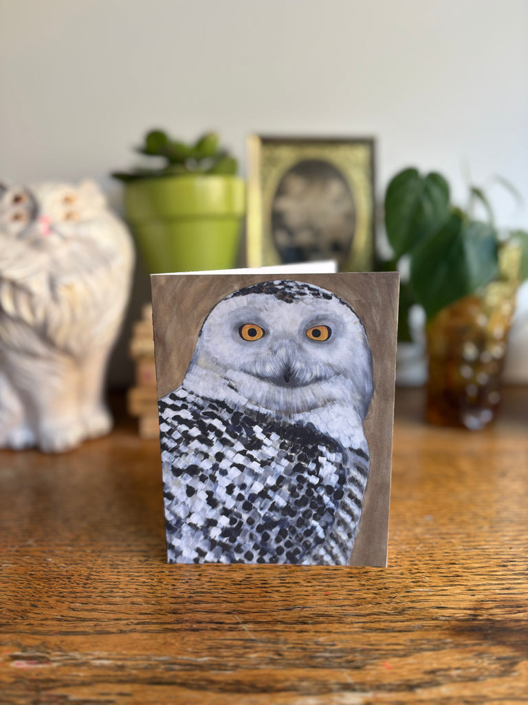 Whimsical Snowy Owl Art Greeting Card - Woodland Animals Art