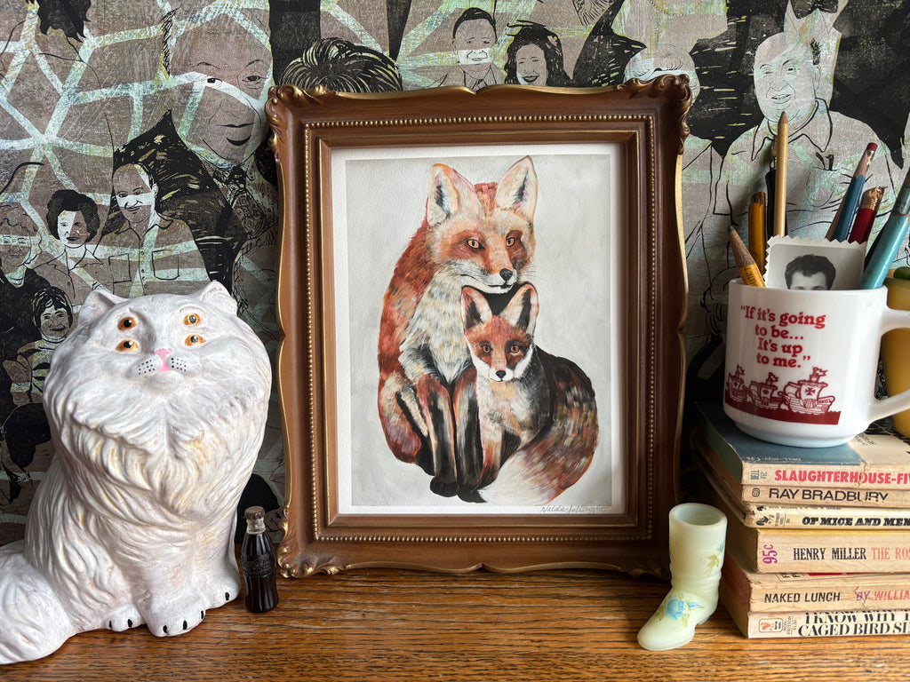 Whimsical Fox & Kit Art Print – Woodland Animal Wall Decor