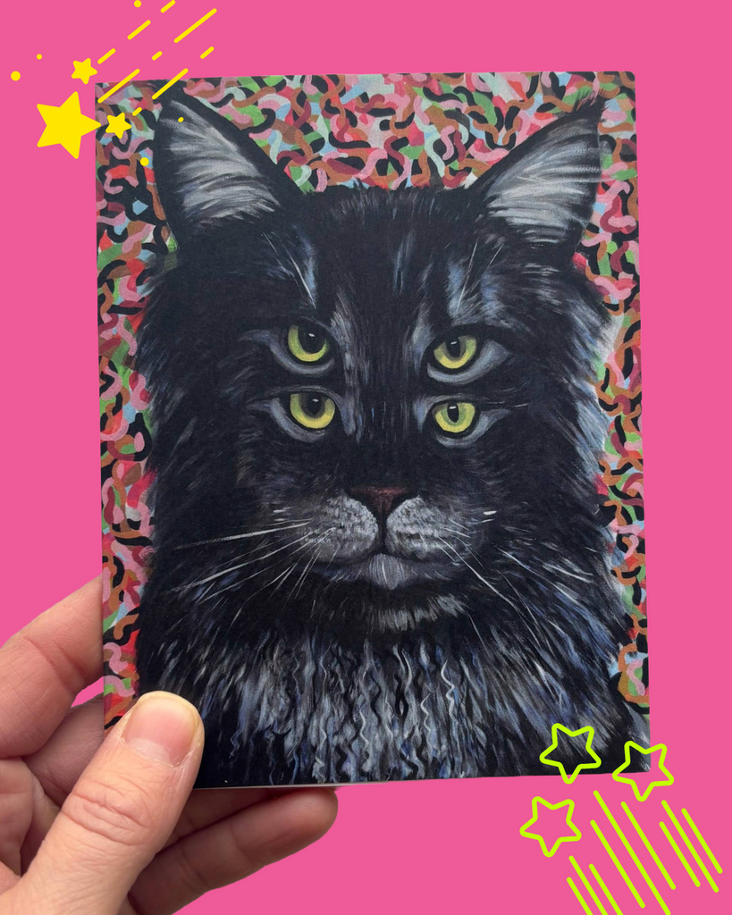 Modern Pop Surrealist Greeting Card- Four Eyed Cat Art