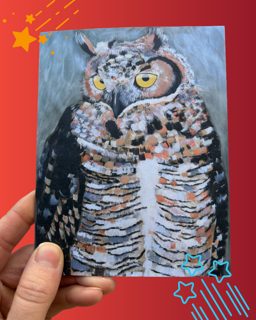 Modern Great Horned Owl Art Greeting Card - Woodland Animals Art