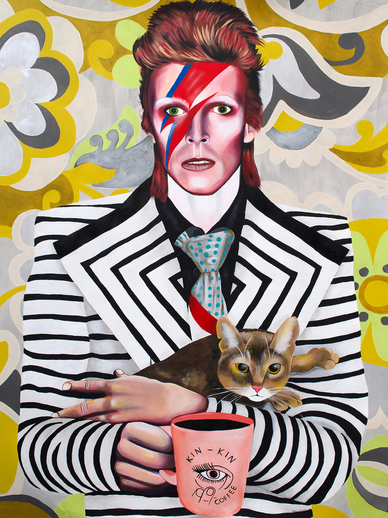 Commission of David Bowie with cat and Kin-Kin Coffee
